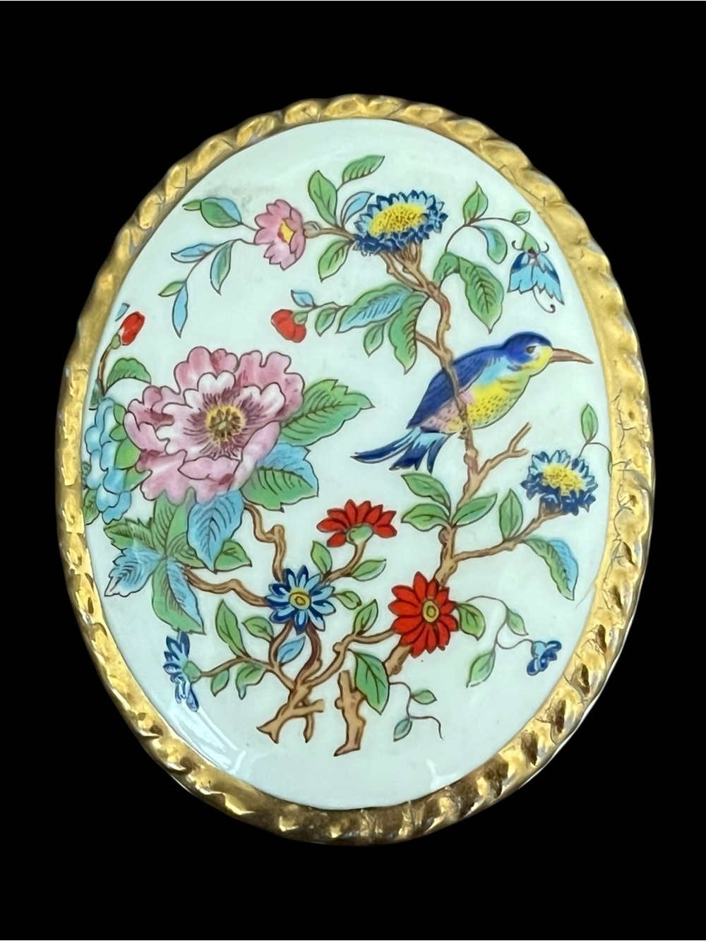 Aynsley Pembroke Style Brooch 2” Gold Edge Unmarked Birds Floral Hand Painted